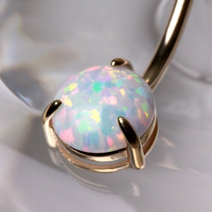 14Kt. Yellow Gold Navel Ring With Prong Set White Synthetic Opal