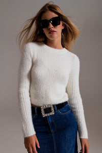 Ribbed Cropped Sweater With Stitching Detail