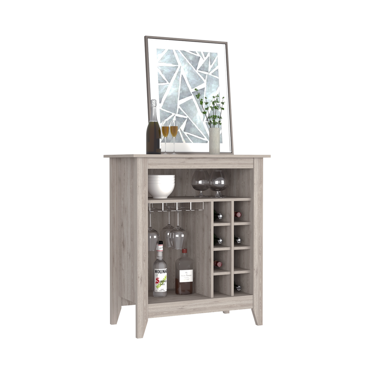 Bar Cabinet Castle, One Open Shelf, Six Wine Cubbies - Light Gray