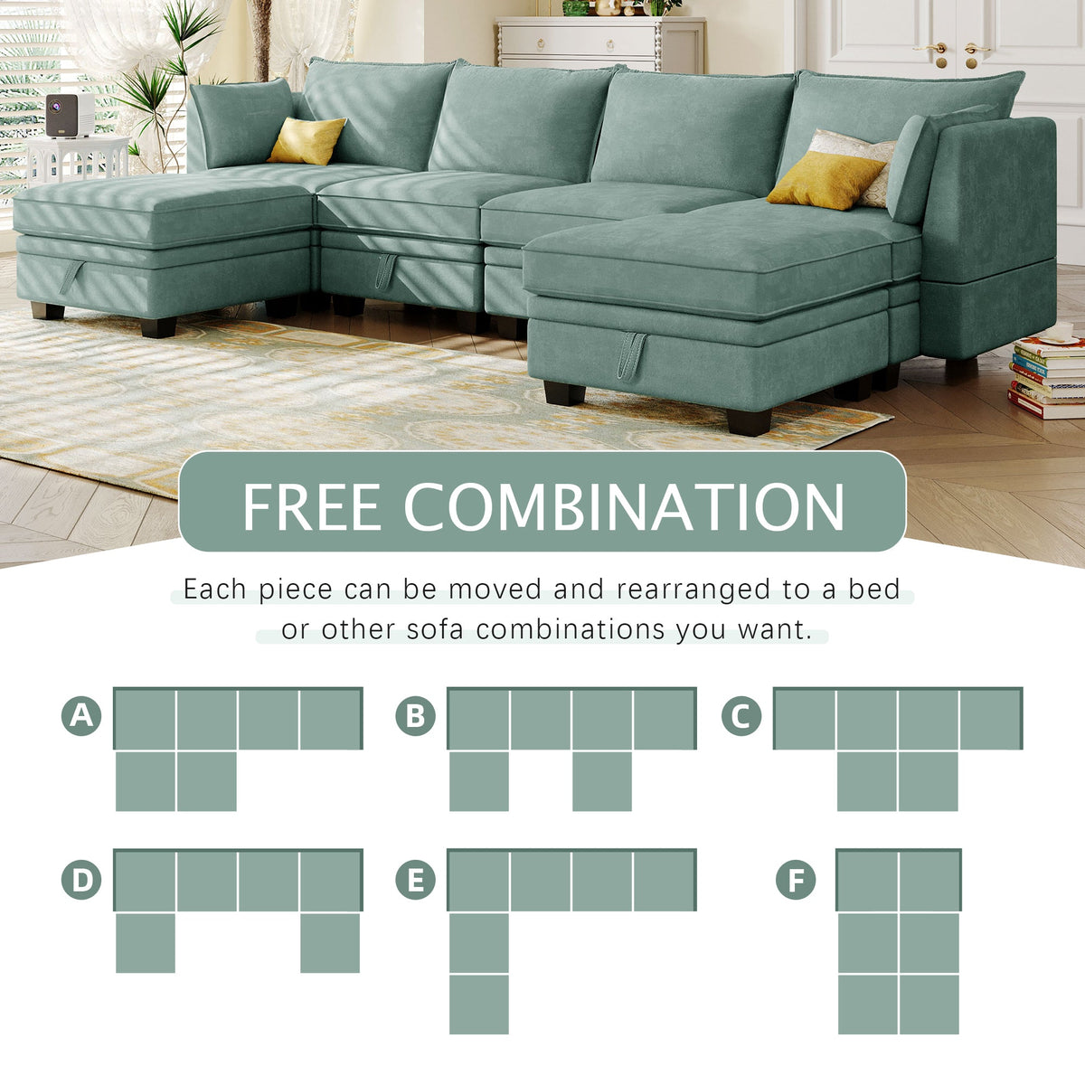 Modern Large U-Shape Modular Sectional Sofa w/ Reversible Chaise & Storage Seat