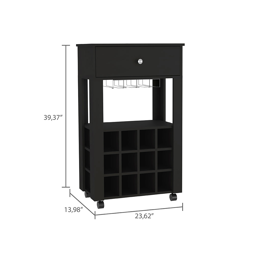 Bar Cart Bayamon, Twelve Wine Cubbies, Four Legs - Black