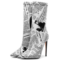 Black and White Cow or Newspaper Print Mid Calf Spike Heel Pointed Toe Short Boots