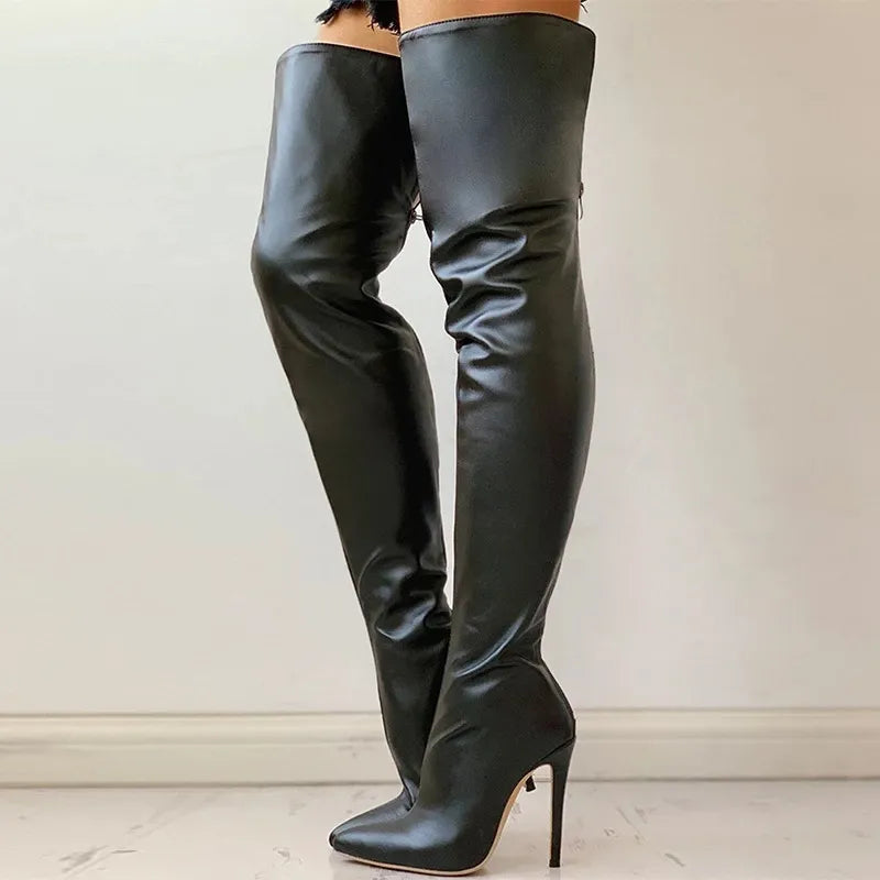 Split Back Over the Knee High Heel Leather Boots