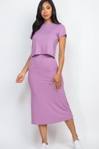 Short Sleeve Ribbed Top & Midi Skirt Set (CAPELLA) (Multiple Colors)