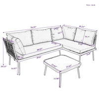 3-Piece PE Rattan Metal Sectional Furniture Set w/ Cushions and Glass Table