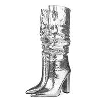 Knee High Metallic Pointed Toe Square Heel Party Boots