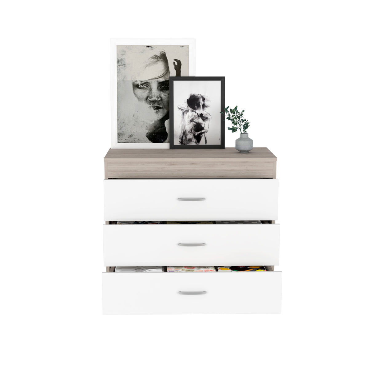 Three Drawer Dresser Lial, Superior Top, Metal Hardware - Light Gray / White