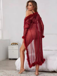 Feather Trimmed Sheer Long Robe w/ Satin Tie in Black, Red, White & Pink