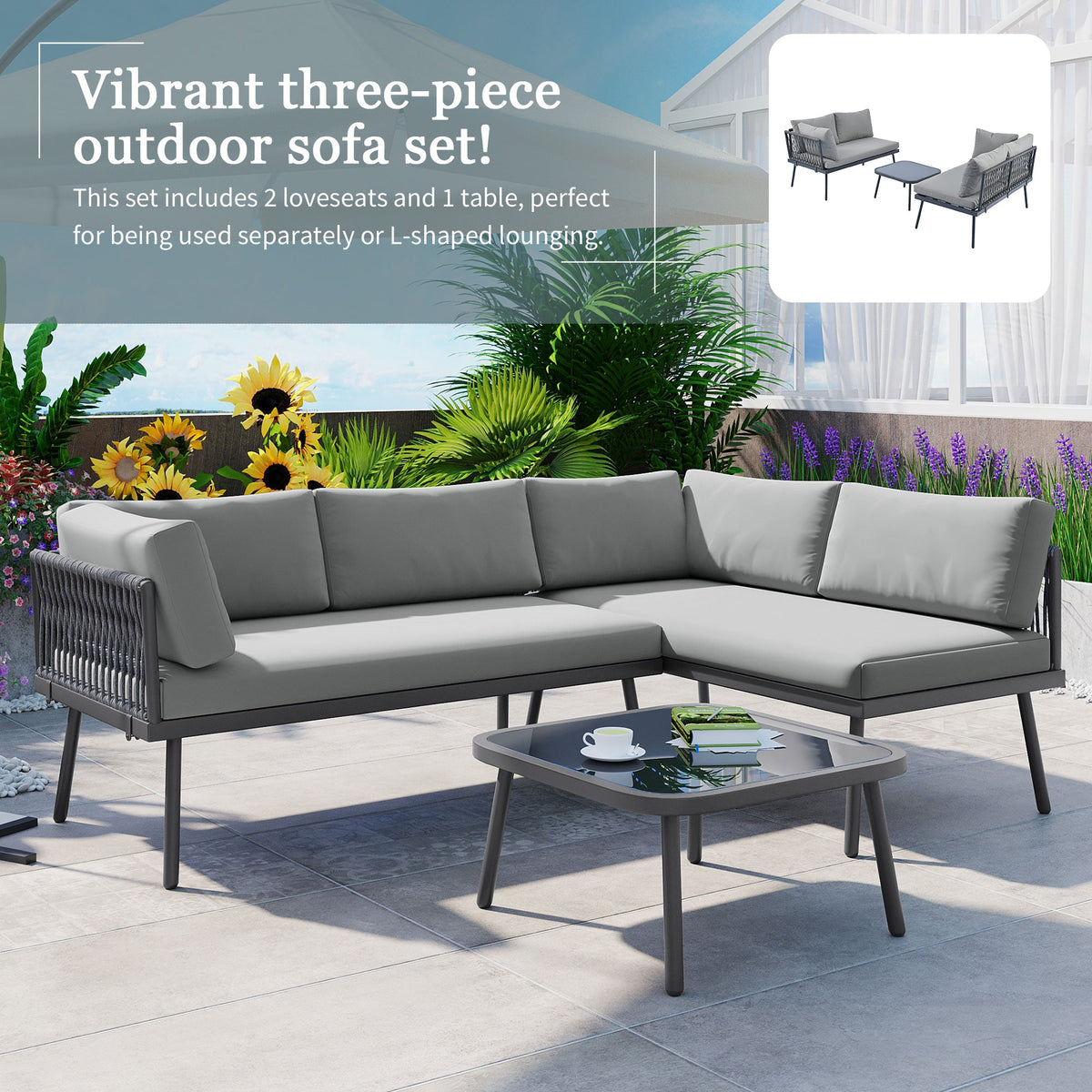 3-Piece PE Rattan Metal Sectional Furniture Set w/ Cushions and Glass Table