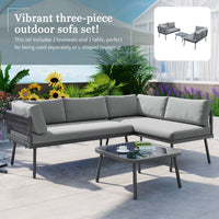 3-Piece PE Rattan Metal Sectional Furniture Set w/ Cushions and Glass Table