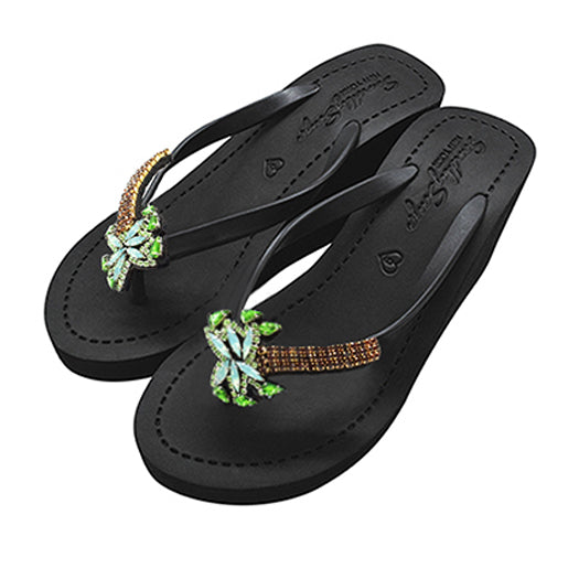 Palm Tree - Green Rhinestone Embellished Women's High Wedge Flip Flops Sandal