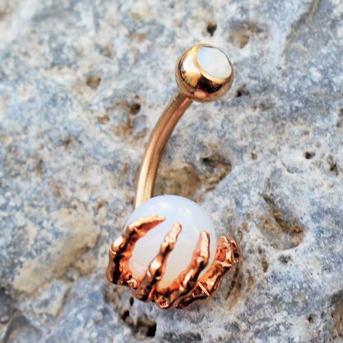 Rose Gold Plated Skeleton Hand Holding Crystal Ball Navel Ring