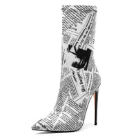 Black and White Cow or Newspaper Print Mid Calf Spike Heel Pointed Toe Short Boots