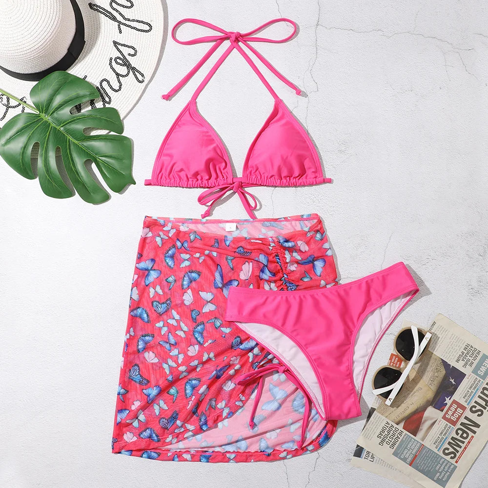 3 Pieces Bikini Set With Skirt Tie Dye String Thong Swim Suit