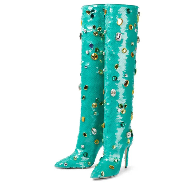 Sequin Rhinestone Knee-High Boots