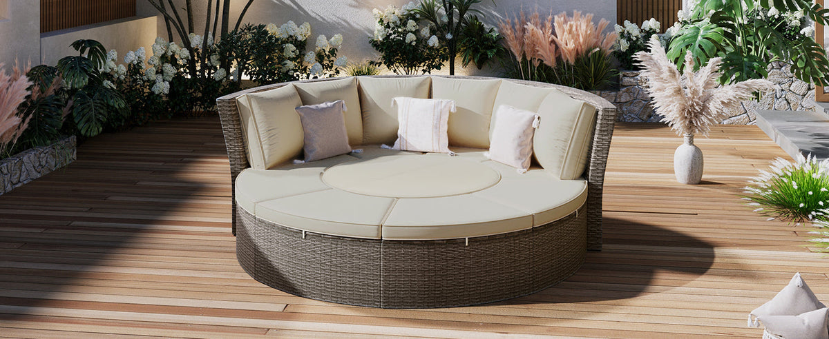 5-Piece Round Rattan Sectional Set All-Weather PE Wicker w/ Round Liftable Table