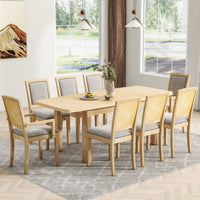 Rustic 84in Dining Table Set w/ 24in Removable Leaf 8 Upholstered Chairs