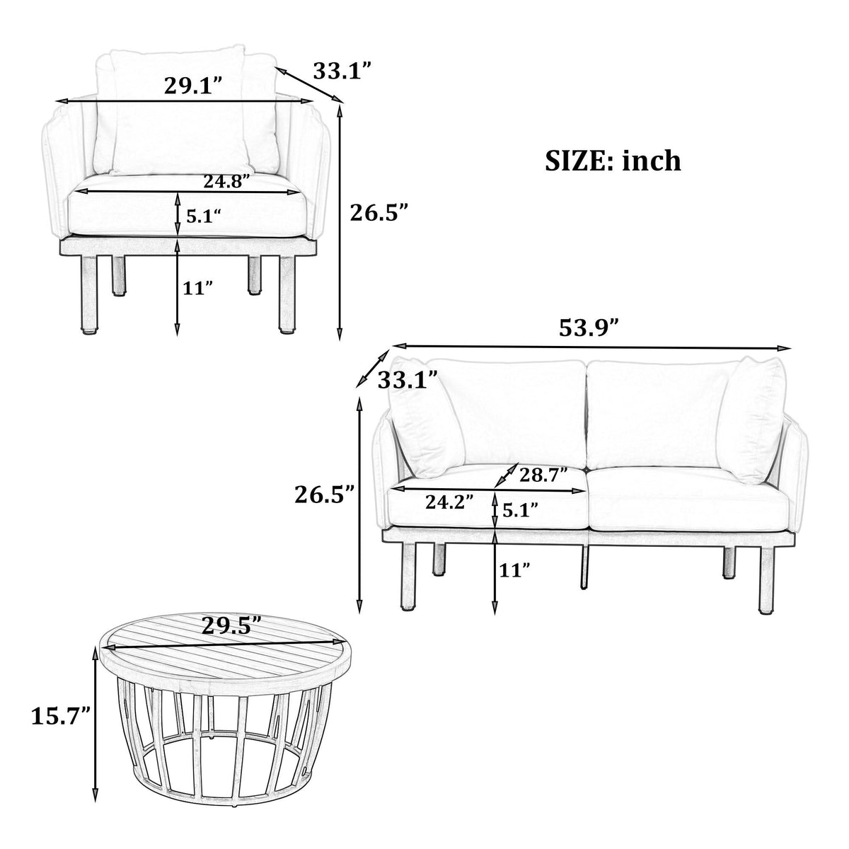 Luxury Modern 4-Piece Outdoor Iron Frame Patio Set w/ Acacia Wood Coffee Table