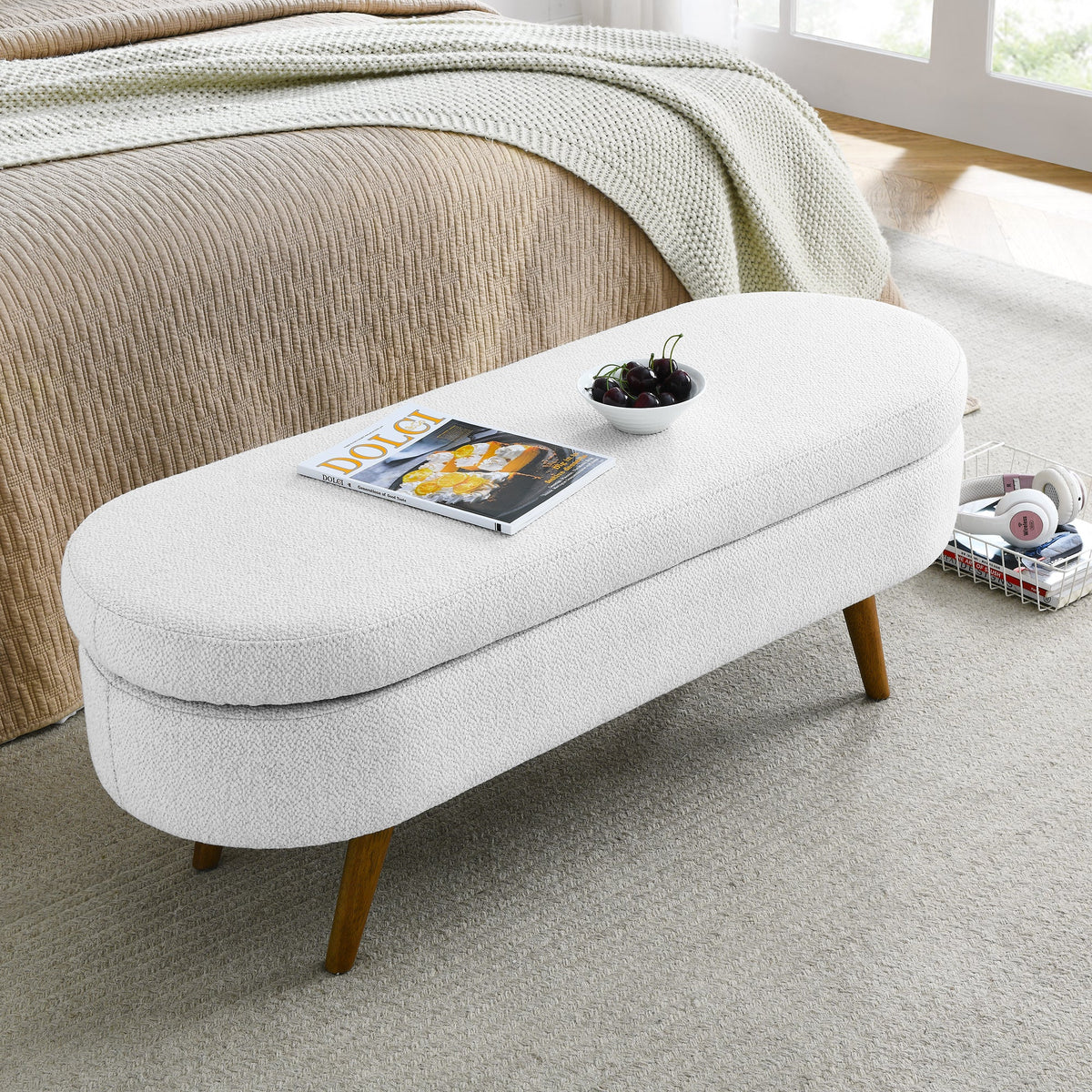 Ottoman Oval Storage Bench, Rubber Wood Legs, White(43.5"x16"x16")