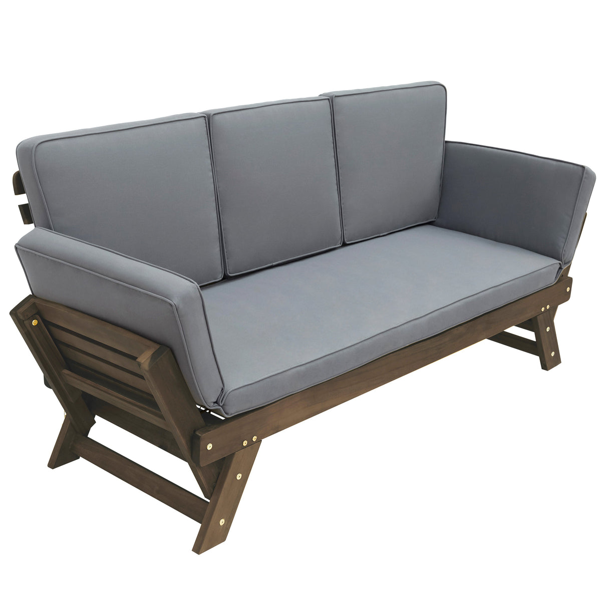 Outdoor Adjustable Patio Wooden Daybed Brown Finish + Gray Cushion