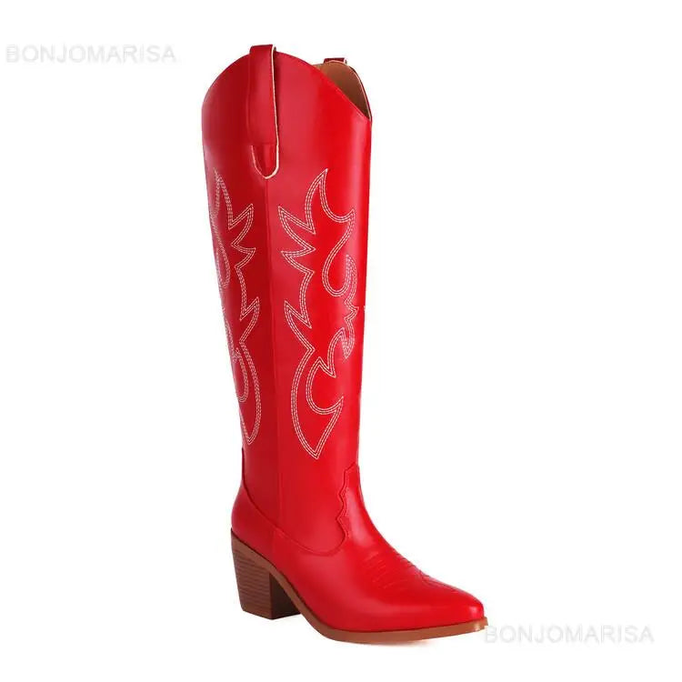 Embroidered Western Knee High Cowboy Boots (Multiple Color Options)