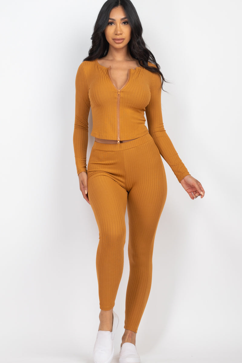 Ribbed Zip Front Long Sleeve Top & Leggings Set (CAPELLA)