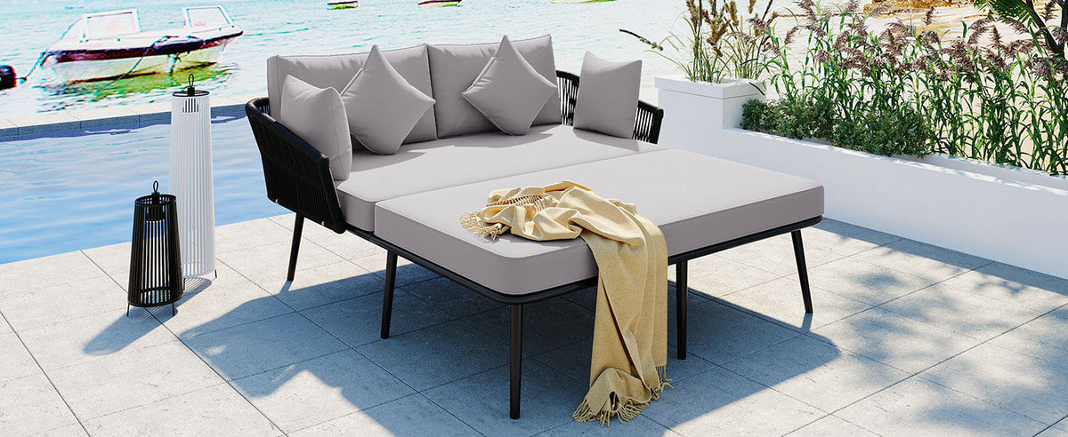 Outdoor Daybed, Woven Nylon Rope Backrest With Washable Cushions in Gray