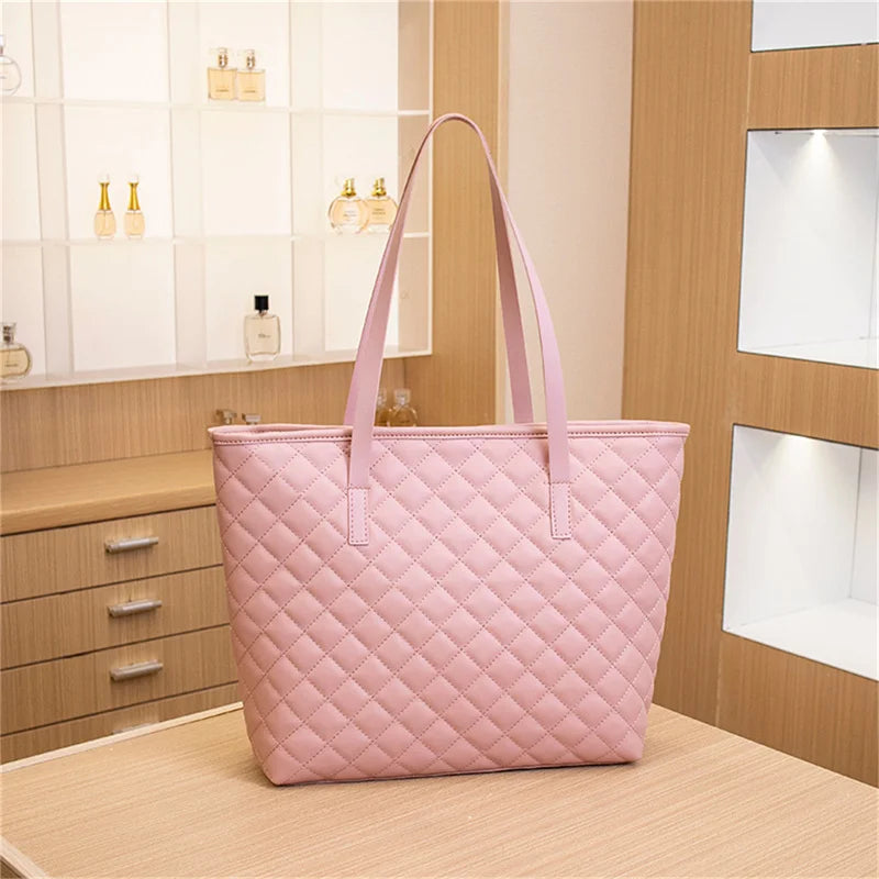 Women Rhombic Embroidery Handbag PU Leather Solid Color Fashion Tote Shoulder Bag