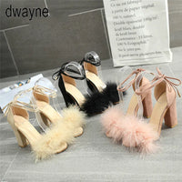 2021 Womens Fish Mouth High Heel Cross Straps Sandals Ankle Feather Party Shoes Red Bottom High Heels Io90