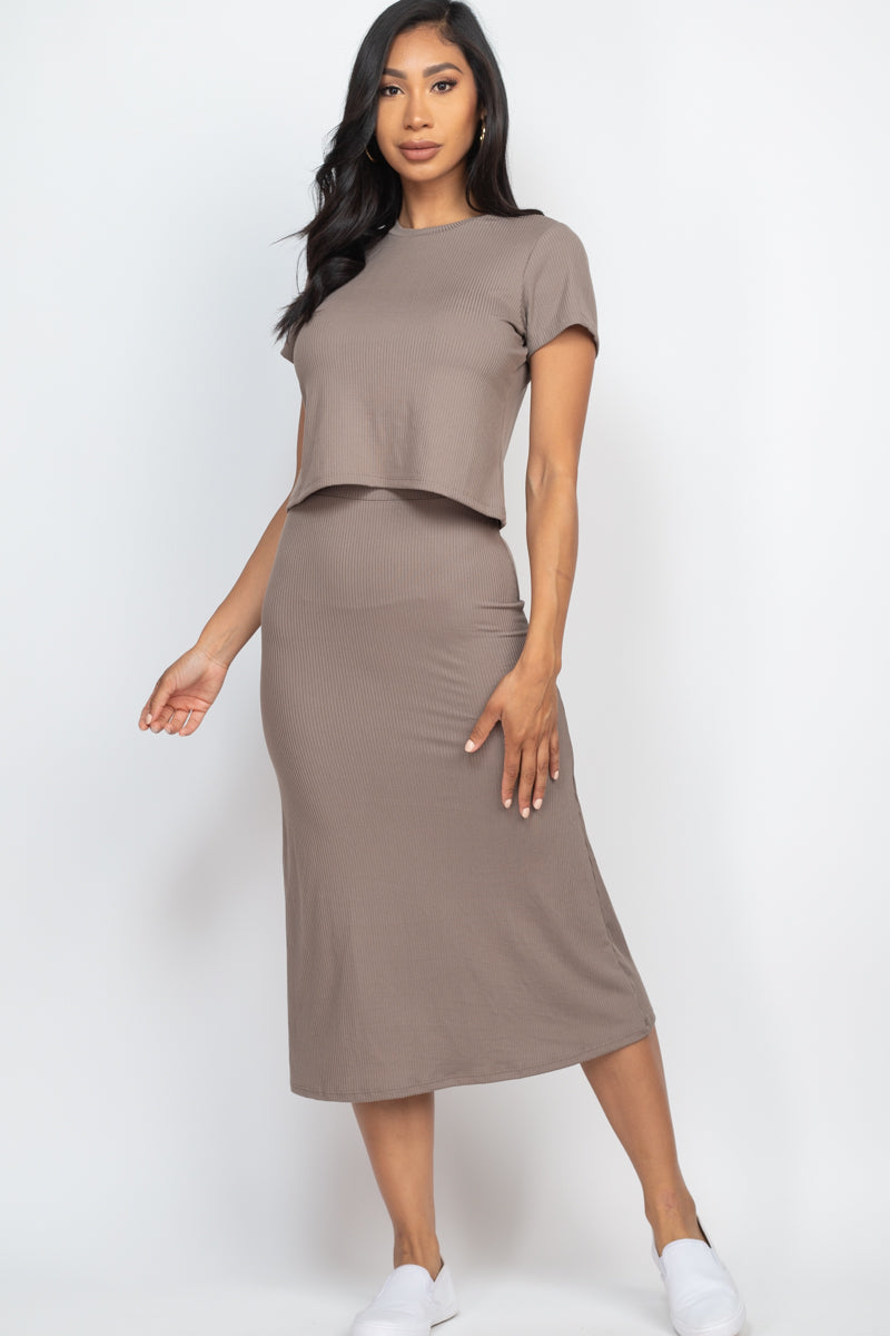 Short Sleeve Ribbed Top & Midi Skirt Set (CAPELLA) (Multiple Colors)