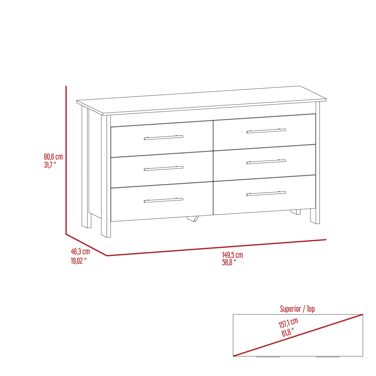 6 Drawer Double Dresser Wezz, Four Legs, Superior Top - White