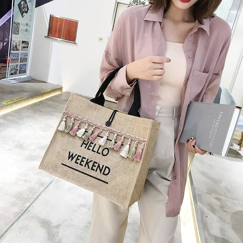 Summer Beach Large Capacity Tassel Shoulder Linen Totes