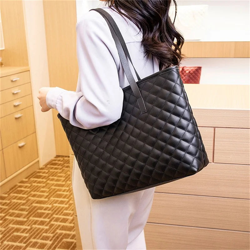 Women Rhombic Embroidery Handbag PU Leather Solid Color Fashion Tote Shoulder Bag