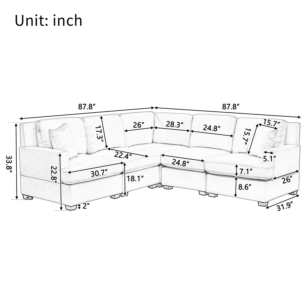 Sectional Modular Sofa With 2 Tossing Cushions and Solid Frame for Living Room