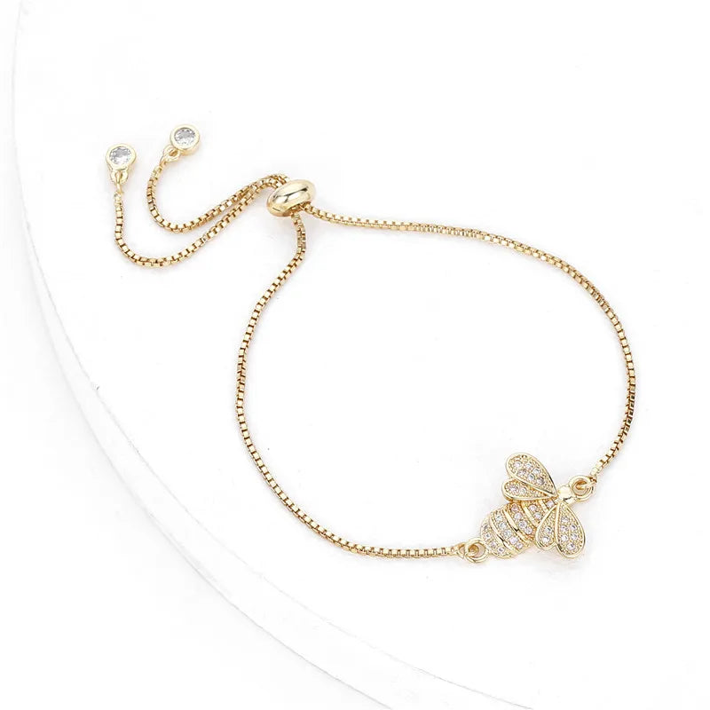 Cubic Zirconia Bee Charm on Gold Chain Crystal Adjustable Bracelet