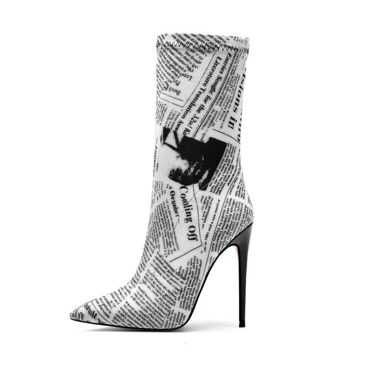 Black and White Cow or Newspaper Print Mid Calf Spike Heel Pointed Toe Short Boots