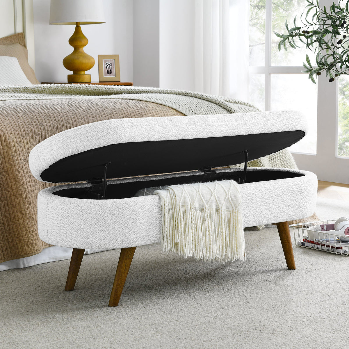 Ottoman Oval Storage Bench, Rubber Wood Legs, White(43.5"x16"x16")