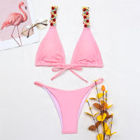 New Sexy Fashion Women's Split Swimsuit European and American Pink Bikini With Diamond