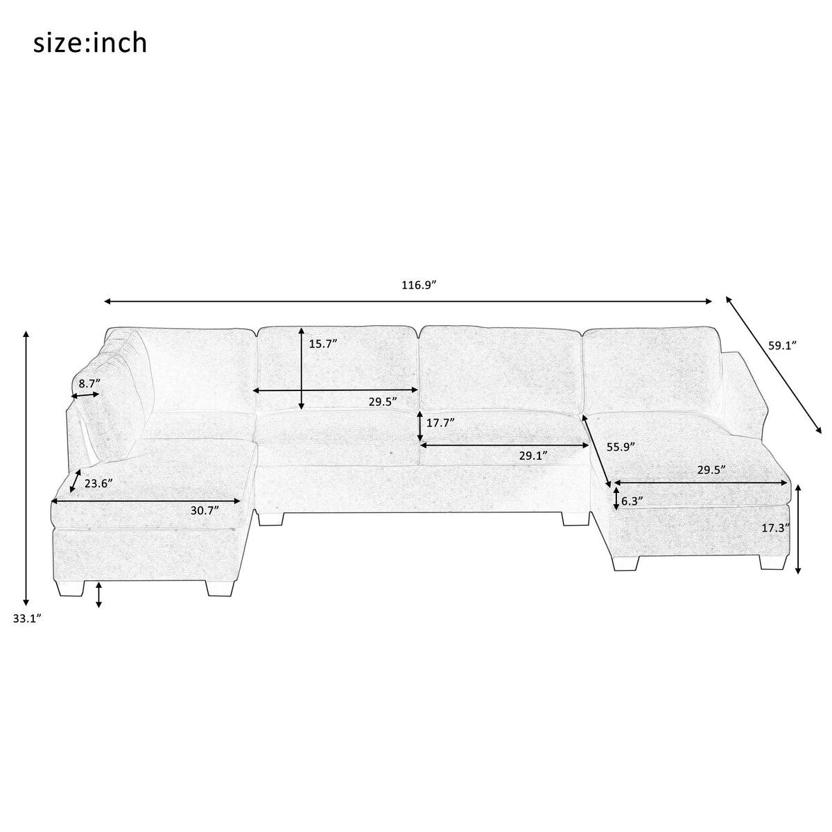 Modern Large U-Shape Sectional Sofa, Double Wide Chaise Lounge Couch,  Beige