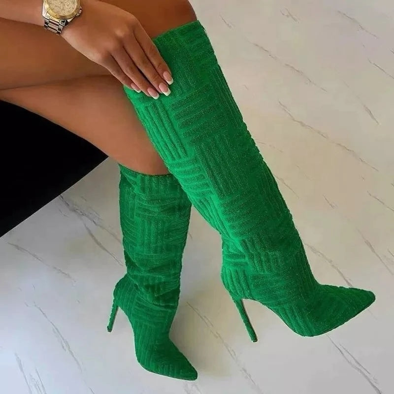 Check Pattern Stiletto Knee High Boots (In Green, Black or Hot Pink)