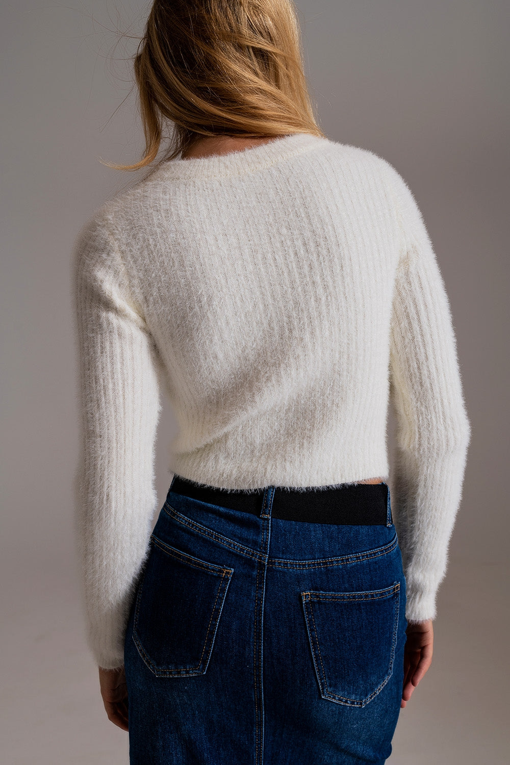 Ribbed Cropped Sweater With Stitching Detail