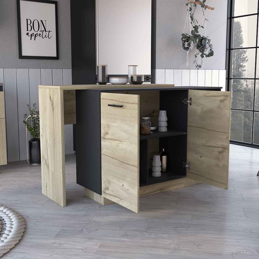 Kitchen Island Ohio, Double Door Cabinets - Black / Light Oak