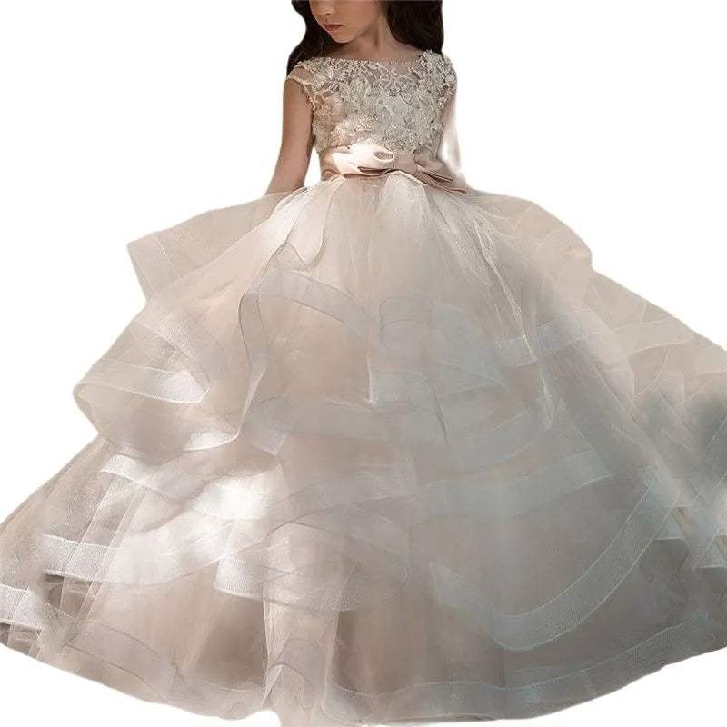 Elegant Champagne Lace Appliqué Sleeveless Cascading Flower Girl Dress