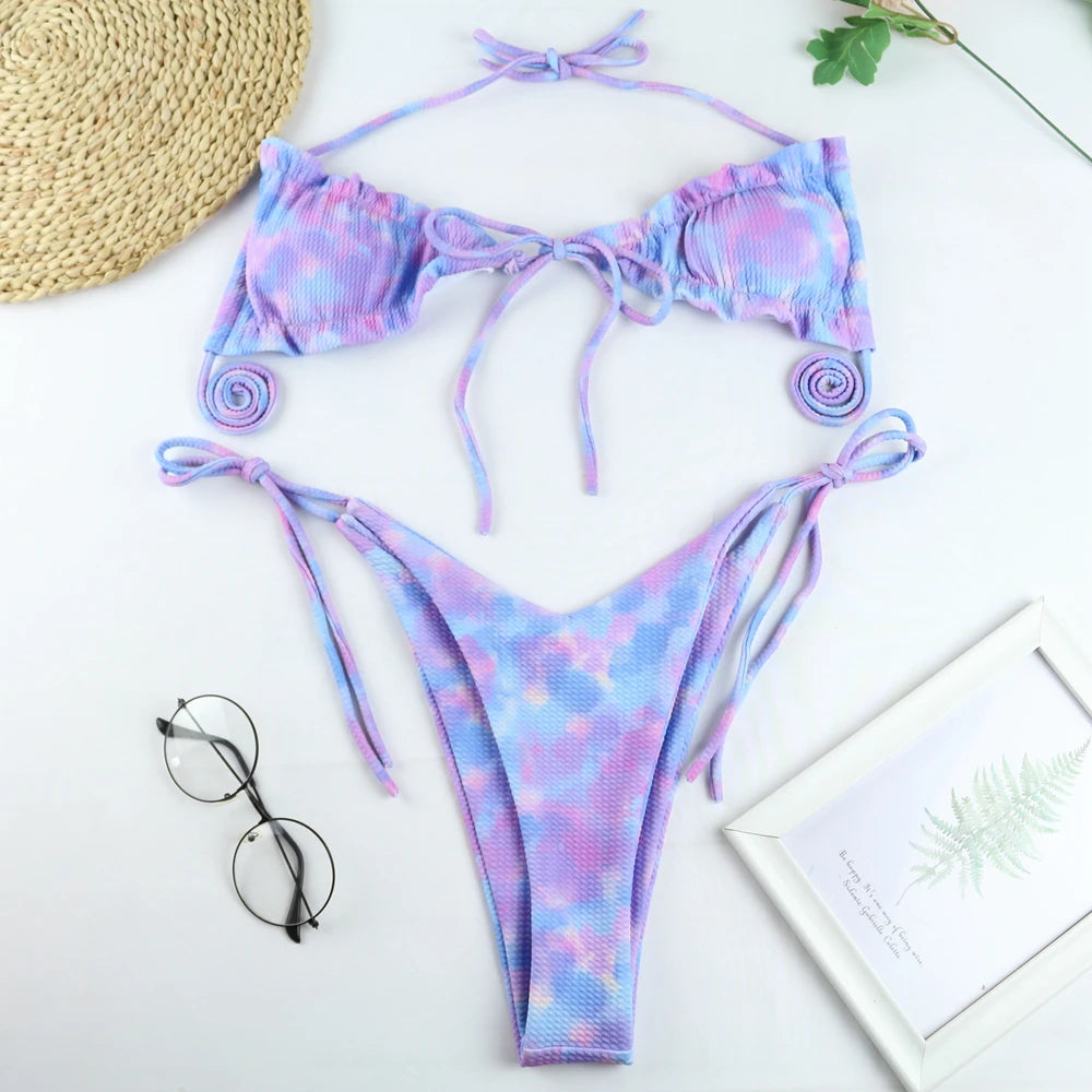 Tie Dye, Scrunch Top and High V Bottoms String Bikini