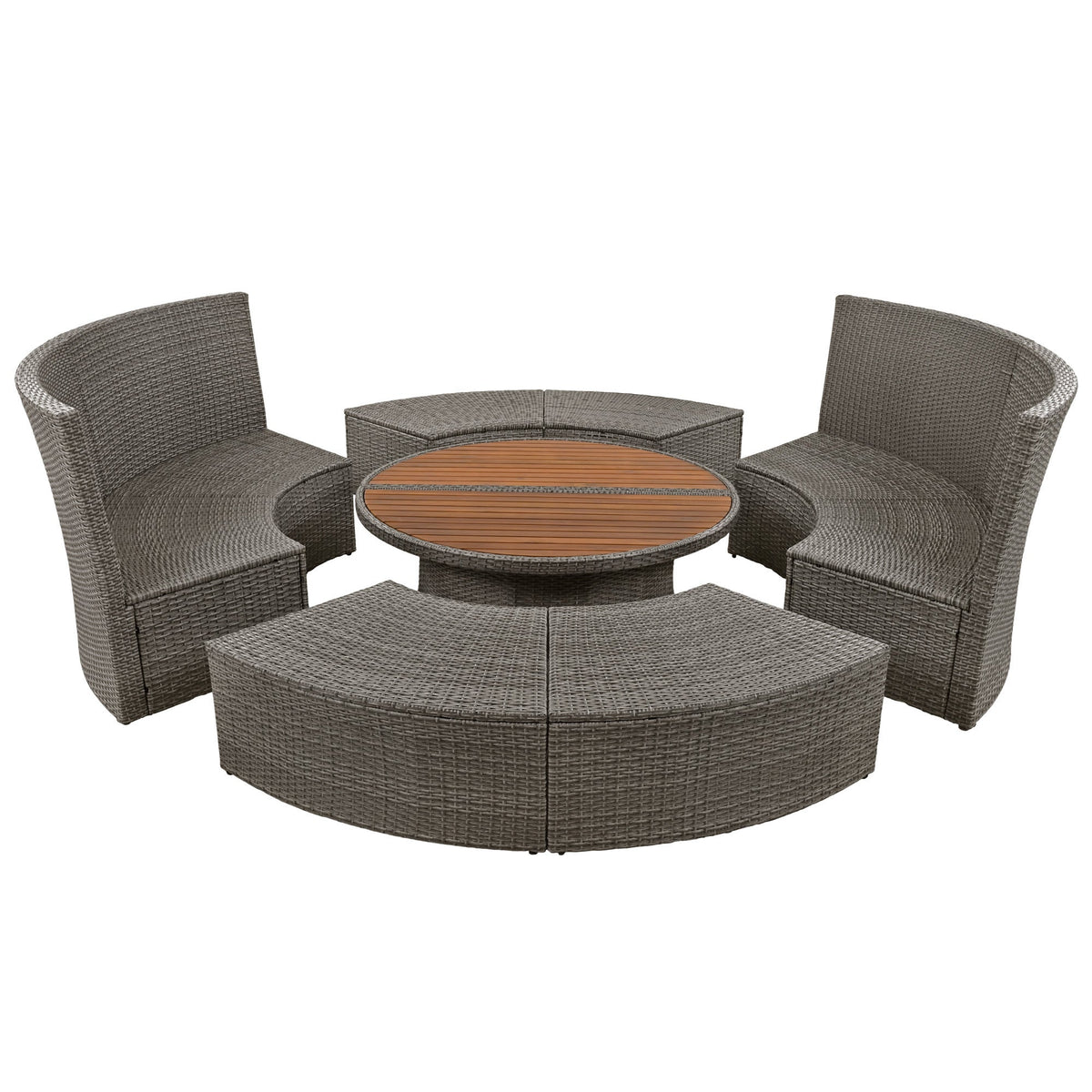 5-Piece Round Rattan Sectional Set All-Weather PE Wicker w/ Round Liftable Table