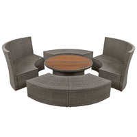 5-Piece Round Rattan Sectional Set All-Weather PE Wicker w/ Round Liftable Table