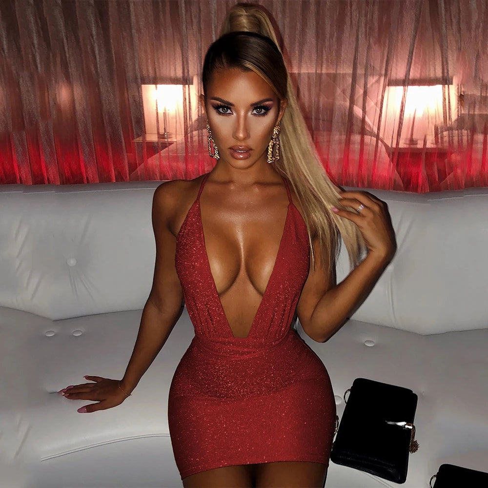 Ciara - Sexy Sparkle Lace Up Bodycon Backless Mini Dress