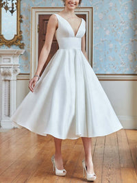 Marilyn - White Sleeveless and Long Sleeve Satin Knee Length Dress