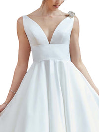 Marilyn - White Sleeveless and Long Sleeve Satin Knee Length Dress