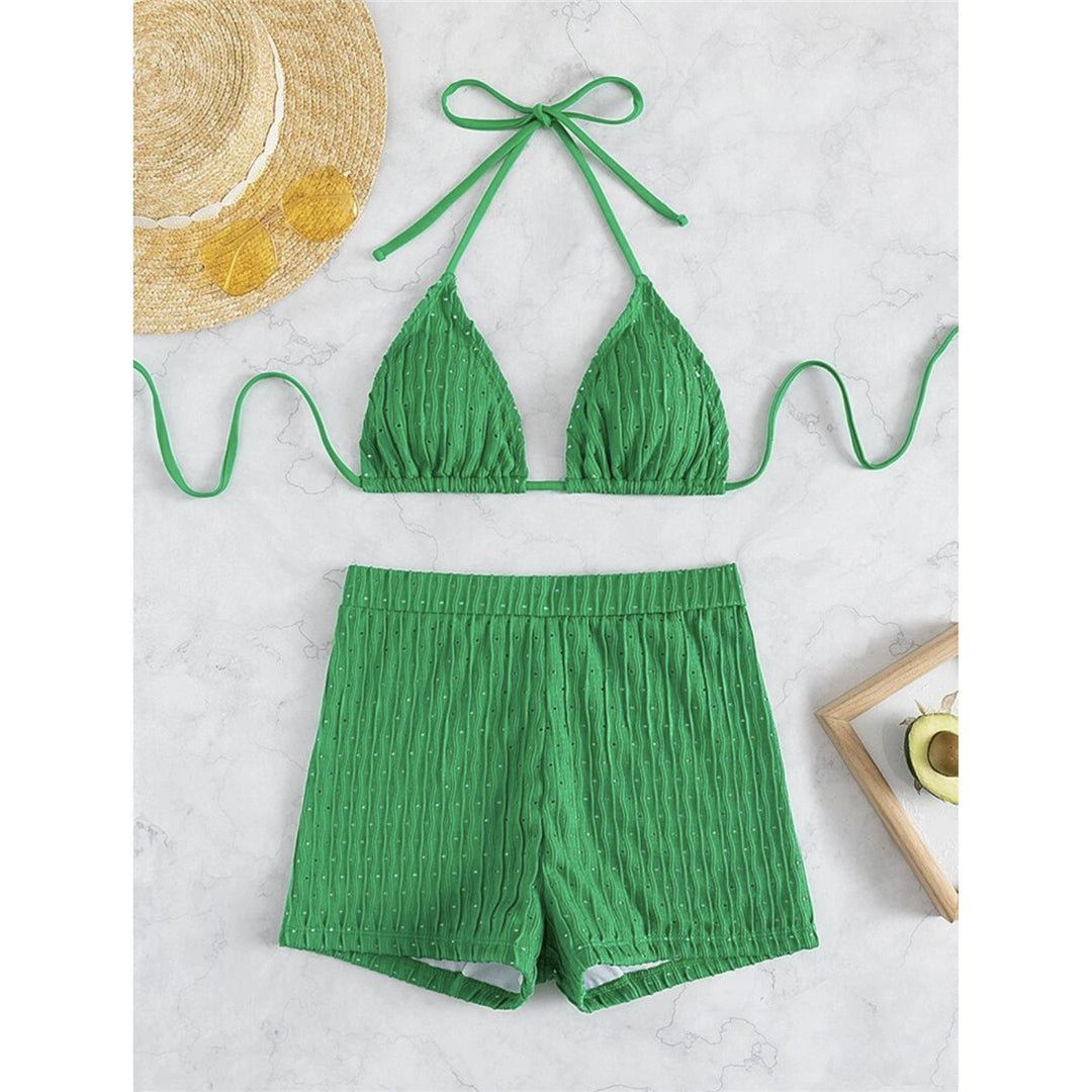 The Wave Set - Wrinkled String Halter & High Waist Shorts Swimwear